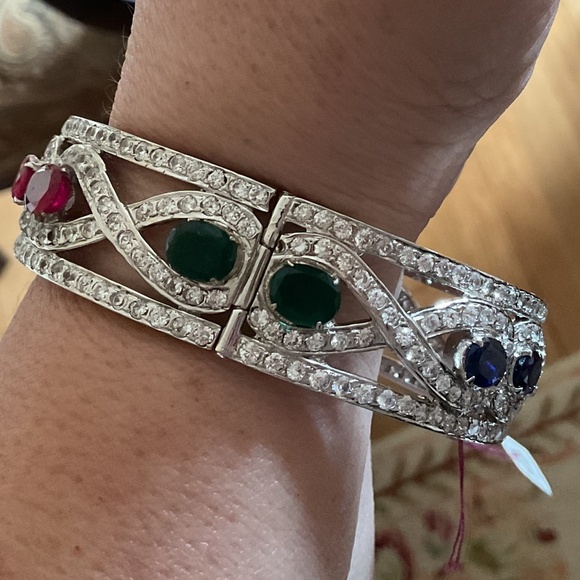 NWT Sterling Silver 925 Genuine Ruby/Emerald/Sapphire White Crystal wide bracele - Picture 14 of 15